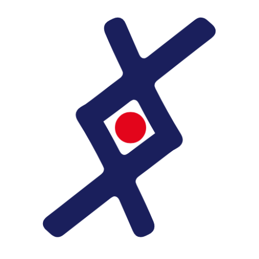 Double X stacked creating helix with central red dot tilted to right soft edges